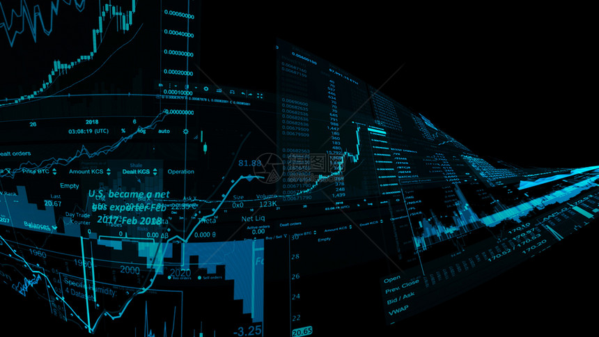 显示趋势和股票市场波动的电子虚拟平台显示趋势与股票市场波动的电子虚拟平台展示股价指数在虚拟空间的3D状况插图钱价格图片