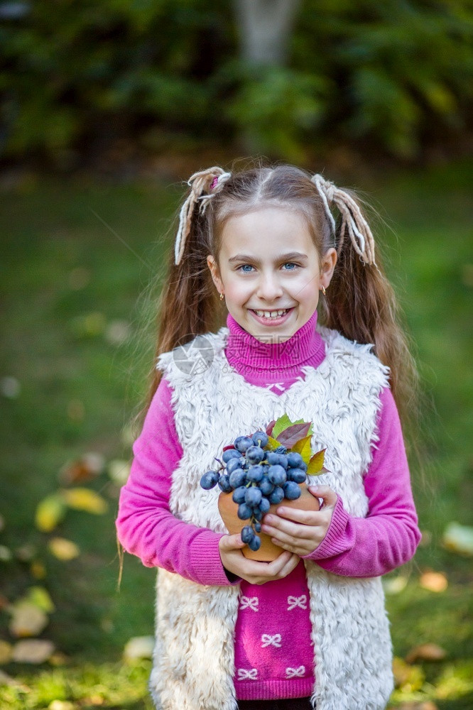 感恩有机的绿草背景上葡萄在花园里的女孩童年图片