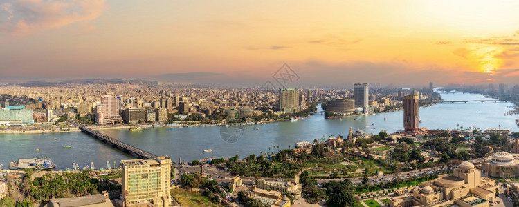 城市的埃及首都开罗市中心日落风景建造水建筑学高清图片素材