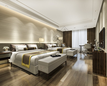 3d提供豪华卧室套房在度假胜地高楼酒店配有双床的家优质公寓图片