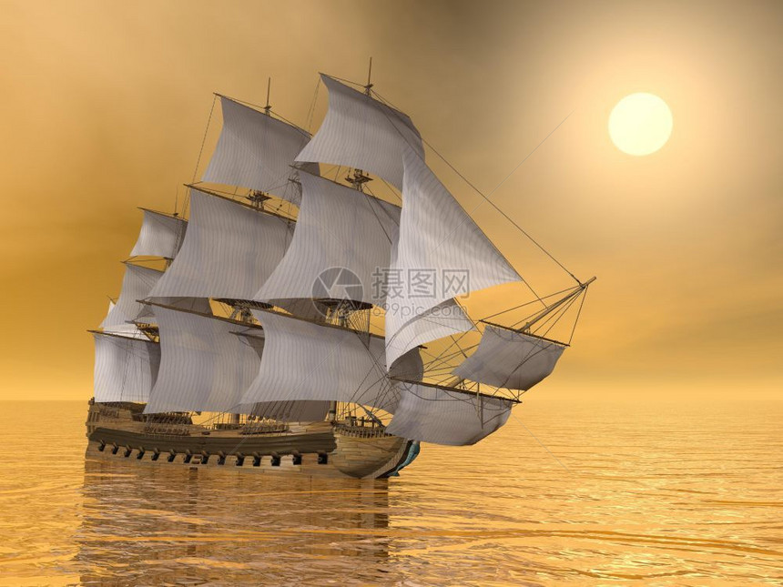 经典的早晨幻想漂浮在宁静水日落上的旧商船3DRender图片