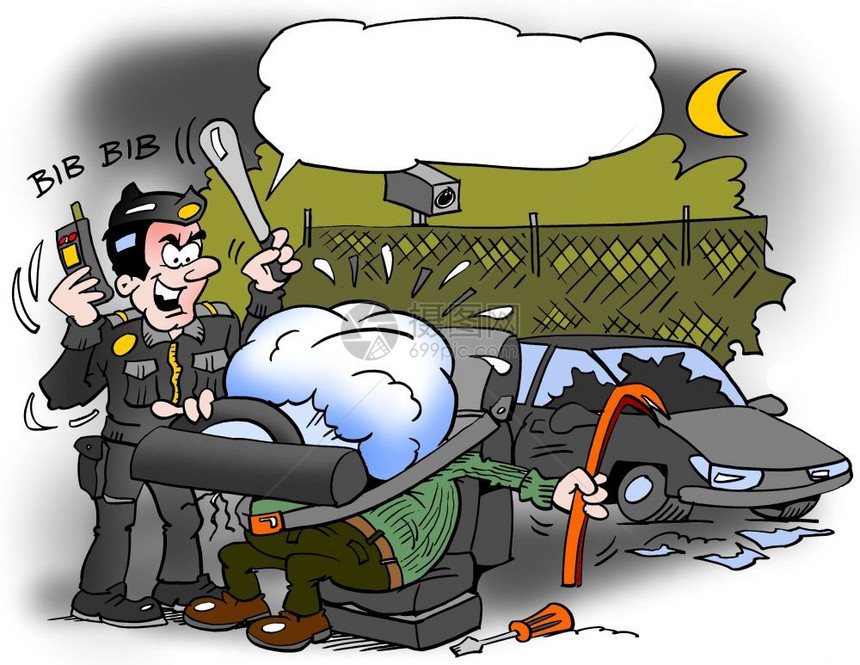 电的幽默卡通插画一个汽车盗贼被困在一个膨胀的气囊里勤杂工图片