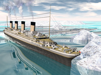 淹历史灾难在冰山之间漂浮于水面的著名泰坦号船由多云的时天巨星船3D制成设计图片