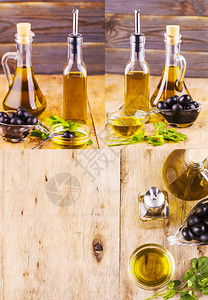 橄榄油套杯维珍和健康油杯旧木制餐桌上有面纱子素食主义者最佳图片