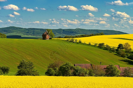 历史旅游美丽的春天风景有蓝空太阳云和老风车捷克共国欧洲地标图片