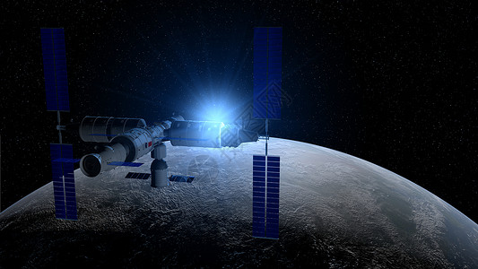 天宫2号天宫3号的视图空间站在黑色上绕地球运行恒星背景和后的蓝光3D插图空间站在黑色上绕地球运行恒星背景和蓝色发光插图黑色的技术厄瓜多尔设计图片