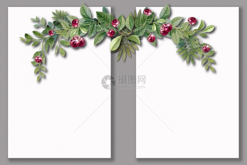 新年圣诞明礼红樱桃的信片和文本位置贺卡说明和白背景孤立的邀请函植物群插图问候图片