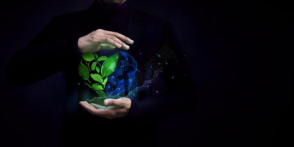 寿司之神ESG概念自然将技术绿色叶子作为形状由神之手保护的绿色能源可再生和持续资源环境和生态关怀所保护的绿色树叶公司漂浮可持续设计图片