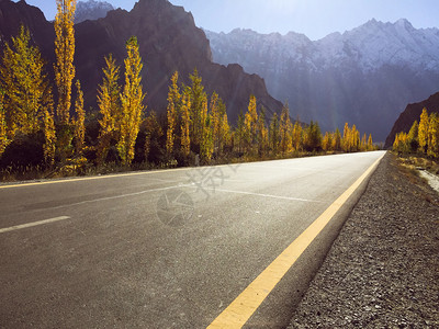 车道喀喇昆仑公路上一条空荡的柏油路与白雪皑的山脉和黄杨树相映成趣巴基斯坦吉尔特巴蒂斯坦帕苏的自然景观宁静黄色的目地背景图片