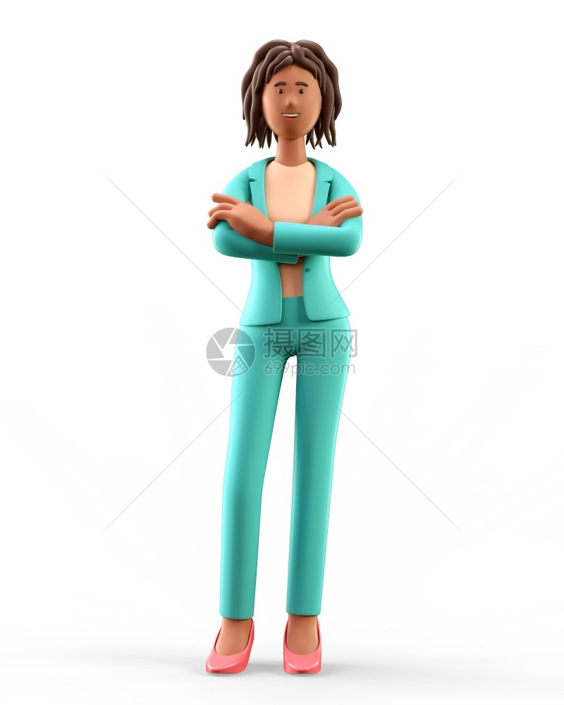 叉三维3D插图非洲女持站立横穿一幅卡通画像带着绿色西装微笑的优雅女商人孤立在白色背景上发型女士图片