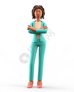 女孩画像叉三维3D插图非洲女持站立横穿一幅卡通画像带着绿色西装微笑的优雅女商人孤立在白色背景上发型女士设计图片