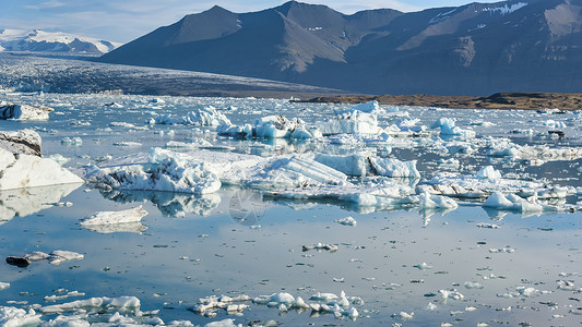 杰古沙龙湖冰岛Jokulsarlon冰川环礁湖山的美景全球变暖概念选择重点欧洲反射极背景