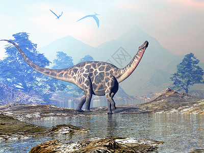 古生物学家插图白垩纪树恐龙在美丽的风景中行走日落前有山和水3D使恐龙行走3D化为D设计图片