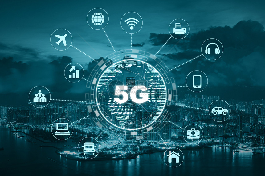 大都会5G科技与地球点相连接在城市风景航空无线通讯连网络概念上以各种标志东西互联网为中心物维多利亚图片