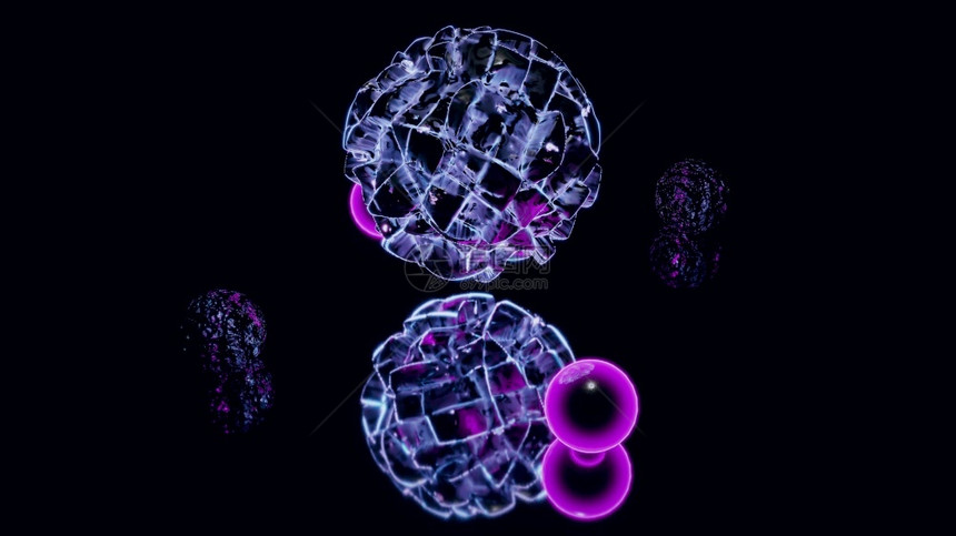 在黑暗4KUHD质量的尼恩气泡中以4KUHDK3d插图进行未来科学分裂概念设计时在暗空中带有发光紫色球和晶形图像的超真实三维抽象图片