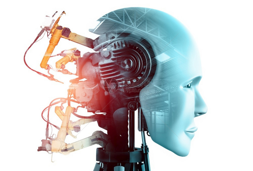 智力机械化工业器人和械臂双曝光图像工业革命和未来厂自动化制造过程的人工智能概念机械化工业器人和械臂双曝光图像制造业商图片