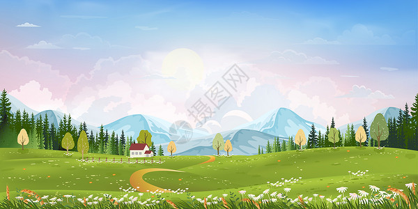谷风景优美收成春季Panorama农村自然春以绿草为地在春季和夏横幅上用卡通矢量插图示画有山平粉蓝天空和云底背景的春青绿地观天帕背景图片