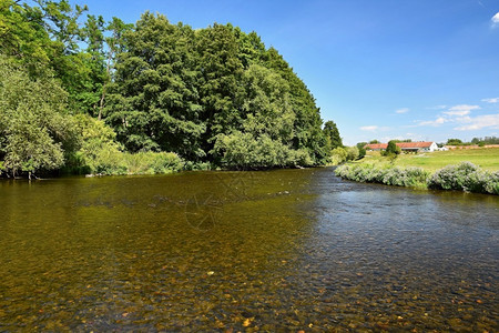溪流绿色级联充满河流森林太阳和蓝天空的美丽夏季风景包括河流日光和蓝色天空树高清图片素材