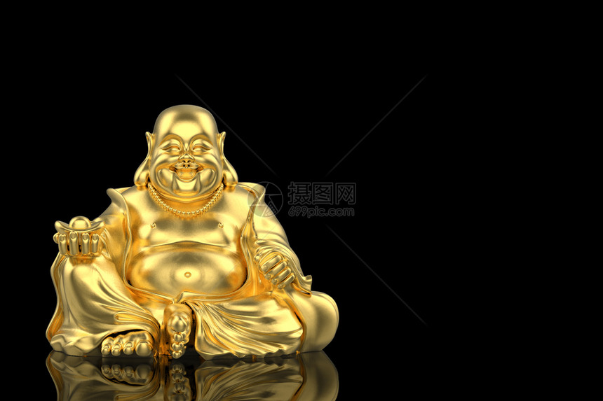 雕像象征魅力3D让金黄色快乐笑着和尚的佛像与黑色背景的剪切路隔绝图片