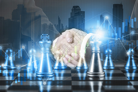 手拍手游戏支持合同商业伙伴关系成功和战略计划概念双接触的商人在金融市场股票图表上握手并竞争象棋盘游戏比赛ECFP领导设计图片