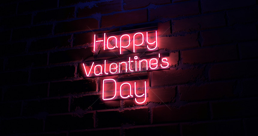 二月质地电灯泡3d将情人节快乐的文字写在砖壁纹理墙上灯光亮线标志情人节主题图片