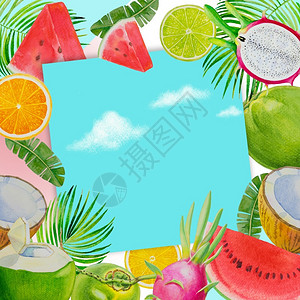 西瓜少女边框沙滩水果组成的海报边框背景设计图片