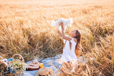白洋甘菊场地假期花小女孩在麦田与白狗一起玩野餐快乐儿童与狗一起玩小麦田游戏背景