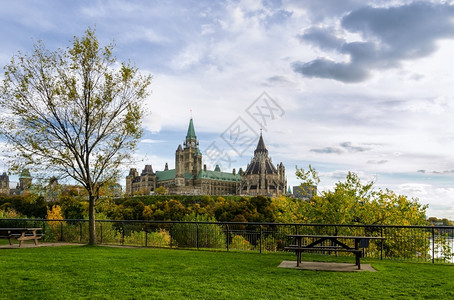 加拿大渥太华议会山的秋季观点加拿大书店TheHill爬坡道树木建筑物图片
