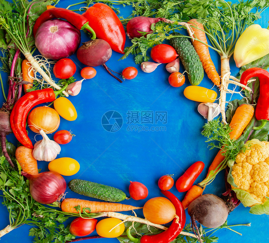 有机的一种蔬菜西红柿胡椒萝卜茄子黄瓜蔬菜蓝背景框架的洋葱文本复制空间蔬菜蓝背景框架的生蔬菜和原组成蓝背景框架的青蔬菜自然图片