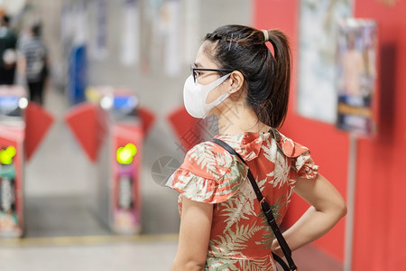 地铁里戴口罩预防流感的女性背景图片