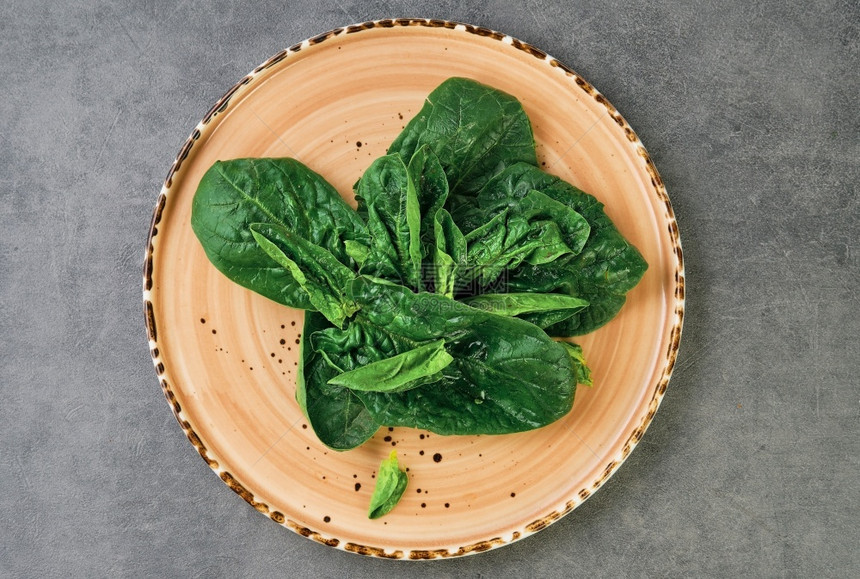 灰色混凝土背景的碗里新鲜菠菜叶有机健康的植物菠菜富含纤维和他命多叶的生物视图有机图片
