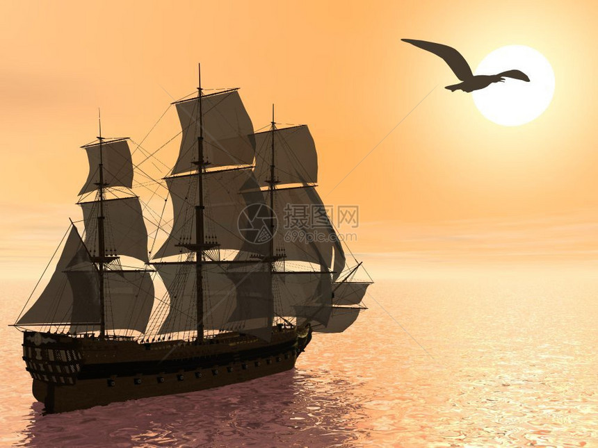 导航紧靠在日落的旧商船3D造海鸥旁边的一艘美丽而精密的旧商船护卫舰航程图片