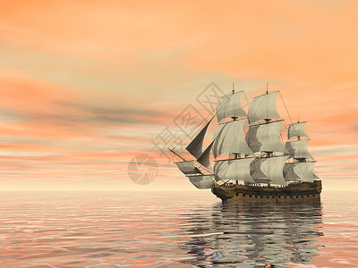 护卫舰云锚绳日落前在宁静的水上漂浮美丽老旧商船3D将变成海洋上的旧商船浪设计图片