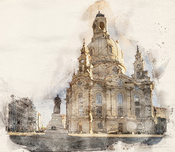 刷子德国累斯顿马丁路德女神像前方的夫人Frauenkircherche教堂水彩图大旅行背景图片