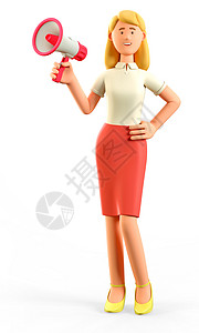 举着喇叭红色的在线嗓音3D插图站立的美丽金发女举着一位讲演人Cute漫画她笑着迷人的女商穿着红裙子用扩音器和喇叭孤立在白背景通信概念上插画
