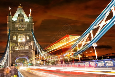 明信片旅游晚上在英国伦敦的塔桥大上移动红色双层公交车留有轻微痕迹旅行图片