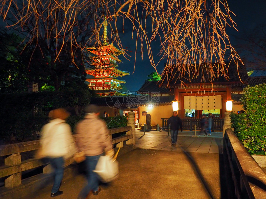 人群佛教桥2018年月日晚上在娜拉的矢寿寺夜亮新年庆典Yakushi寺夜光照耀着明日本著名塔台图片