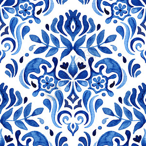 绛色色达放荡不羁的蓝色葡萄牙语色达马斯克手画花卉设计无缝型式平板装饰品波斯抽象纤维布料背景蓝色和白阿祖莱霍染元素织物的简洁无缝装饰水彩色插画