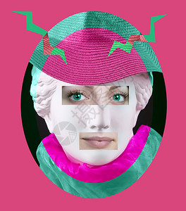 粉色氛围海报背景当代艺术海报与古老的维纳斯德米洛之首雕像以及一位活生的女面临现代艺术拼贴金星头雕像和活女面孔细节的现代艺术图画色彩丰富多惊人的眼设计图片