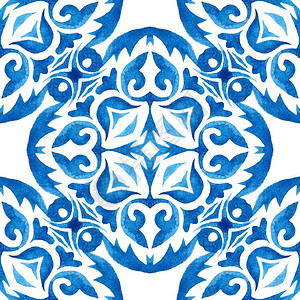 蔓藤花纹主题蓝色和白的手抽象画蓝色和白手绘制的纹质瓷砖无缝装饰水彩色图案陶瓷砖绘出的蓝色无缝装饰水颜图案用于织物和壁纸背景页面的背景图片
