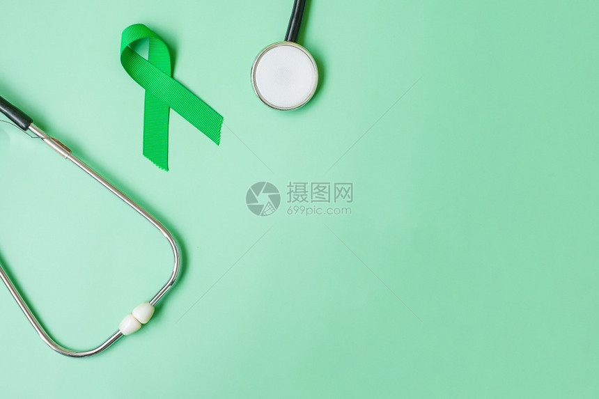 肝二月肾绿丝带有关于色颜背景的听诊器以支持人们生活和疾病背景活者Gallbladdersbile管道肺癌和器官捐赠意识月概念图片