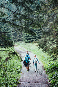 我们一起走过步行孩子们家里人带着背包走过森林和年轻女人一起带着个小女孩肩膀上在雾天沿着森林路线行走注Wofgyday夏令背景