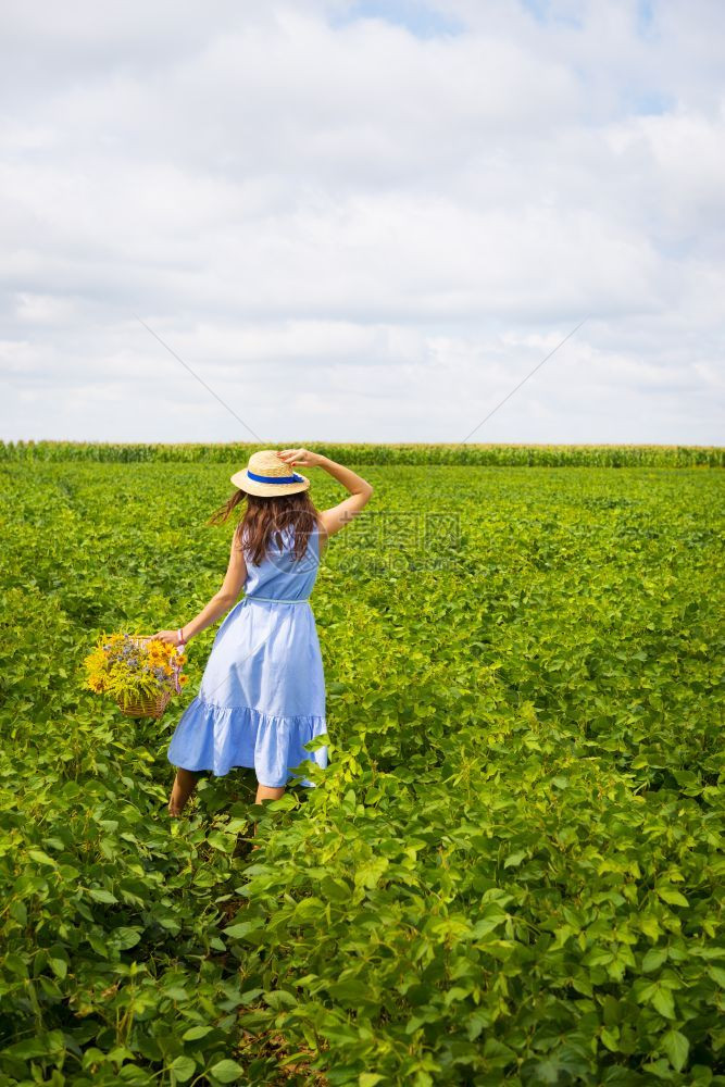淑女戴帽子的可爱孩站在绿地上盛着一束野生花朵穿着帽子的可爱女孩在绿地上盛着一束野花幸福放松图片