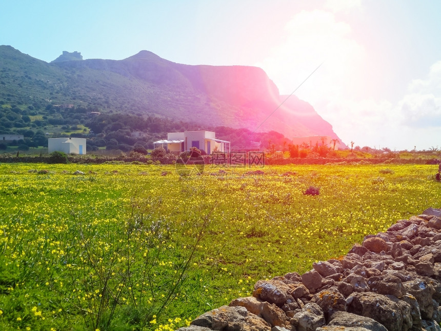 西里法维尼亚纳岛的春草地屋山农业图片
