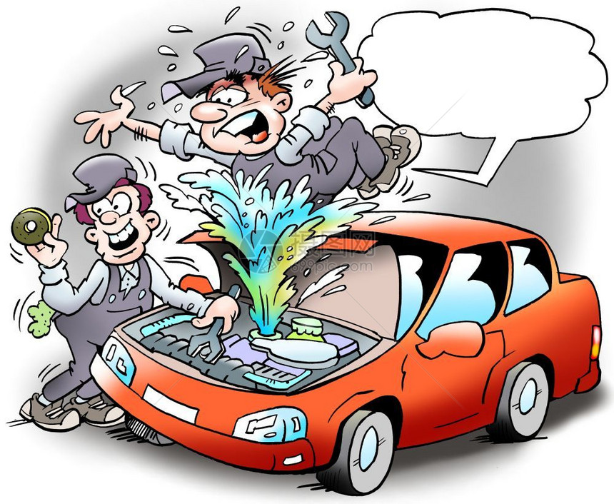交通车库卡插画说明一名技工的掩护冷却剂喷出洒物卡通片图片