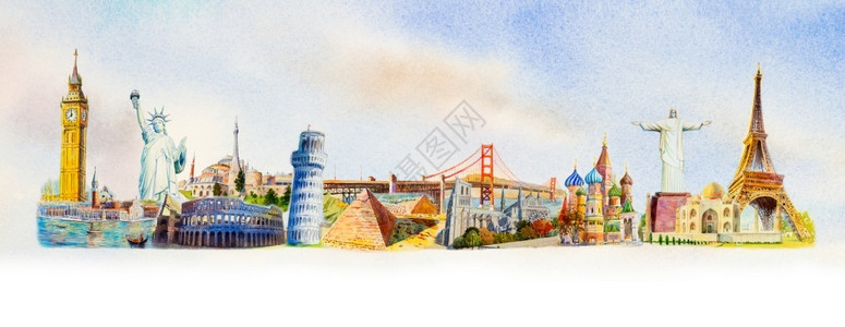 泰姬陵画莫斯科以世界背景绘制的画图解将水彩色手画挂在了世界背景上航班金的插画