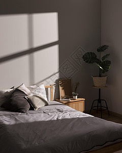 卧室灯带有内植物的简约床分辨率和高品质美丽照片带有室内植物的简约床高品质和分辨率美丽照片概念豪华背景图片