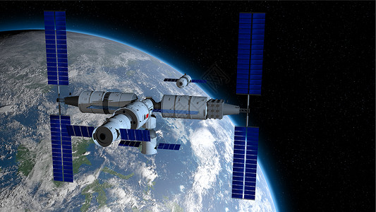 北斗三号实验全球的黑色神舟载人飞船在与天宫三号中的河核心舱耦合的方向空间站与地球后面在黑色空间与星背景3D插图神舟载人飞船在耦合到天宫三设计图片