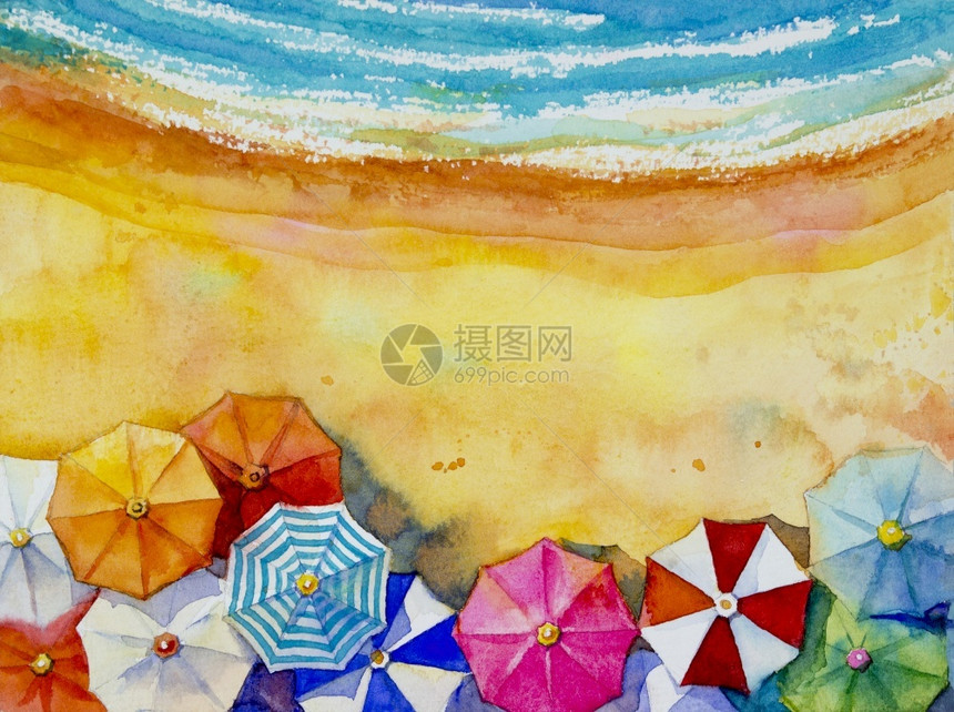 夏天的海滩季旅行度假和巡游的色彩多雨伞海浪蓝背景图画挂广告海报文字空间插图的手Hand涂有广告海报文本空间插图家庭图片