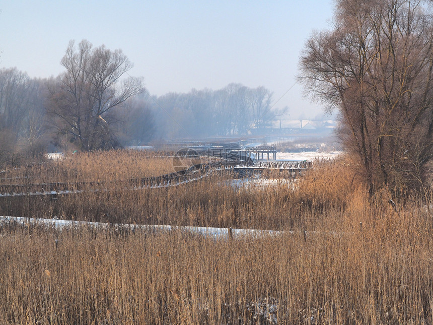 冬季在克罗地亚巴拉尼的Kopacecevo新修建的冷冻行人桥山户外新的图片